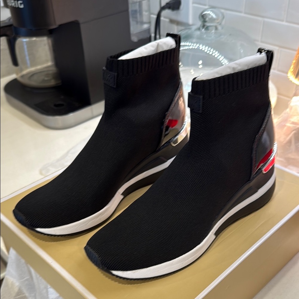 Michael Kors Skyler Black and White Sock Bootie with Knit Upper